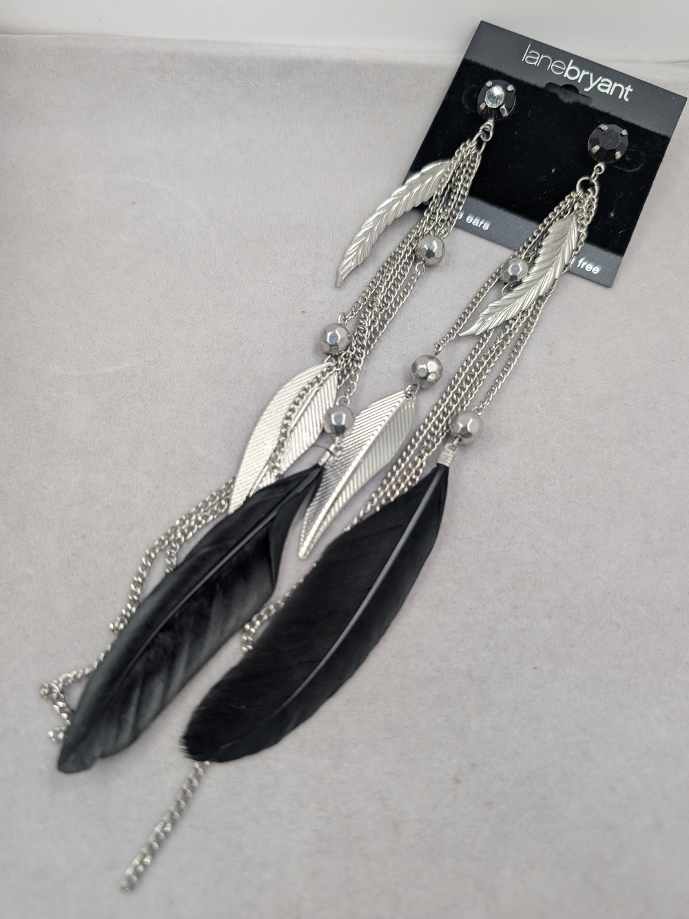 NWT Lane Bryant Black Feather Silver Tone Chandelier Earrings 1304